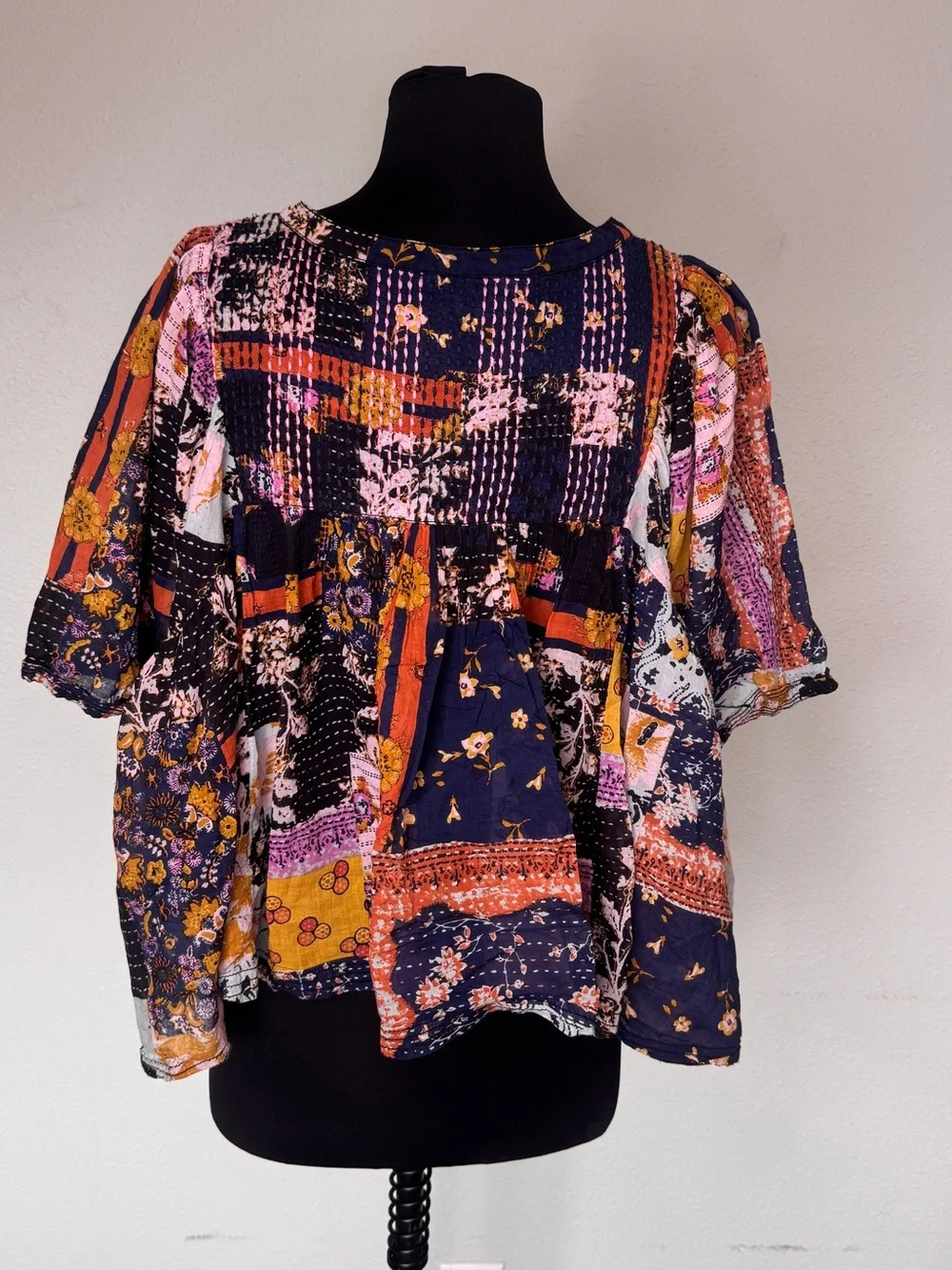 We the Free Kiwi Patchwork Navy Peasant Blouse Medium